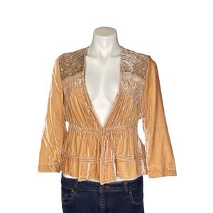 ANTHROPOLOGIE ELEVENSES Blazer Jacket Embroidered Velvet Peplum Peach Size 4